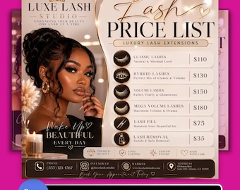 Lash Price List Template for Lash Extensions, Editable Salon Pricing Menu