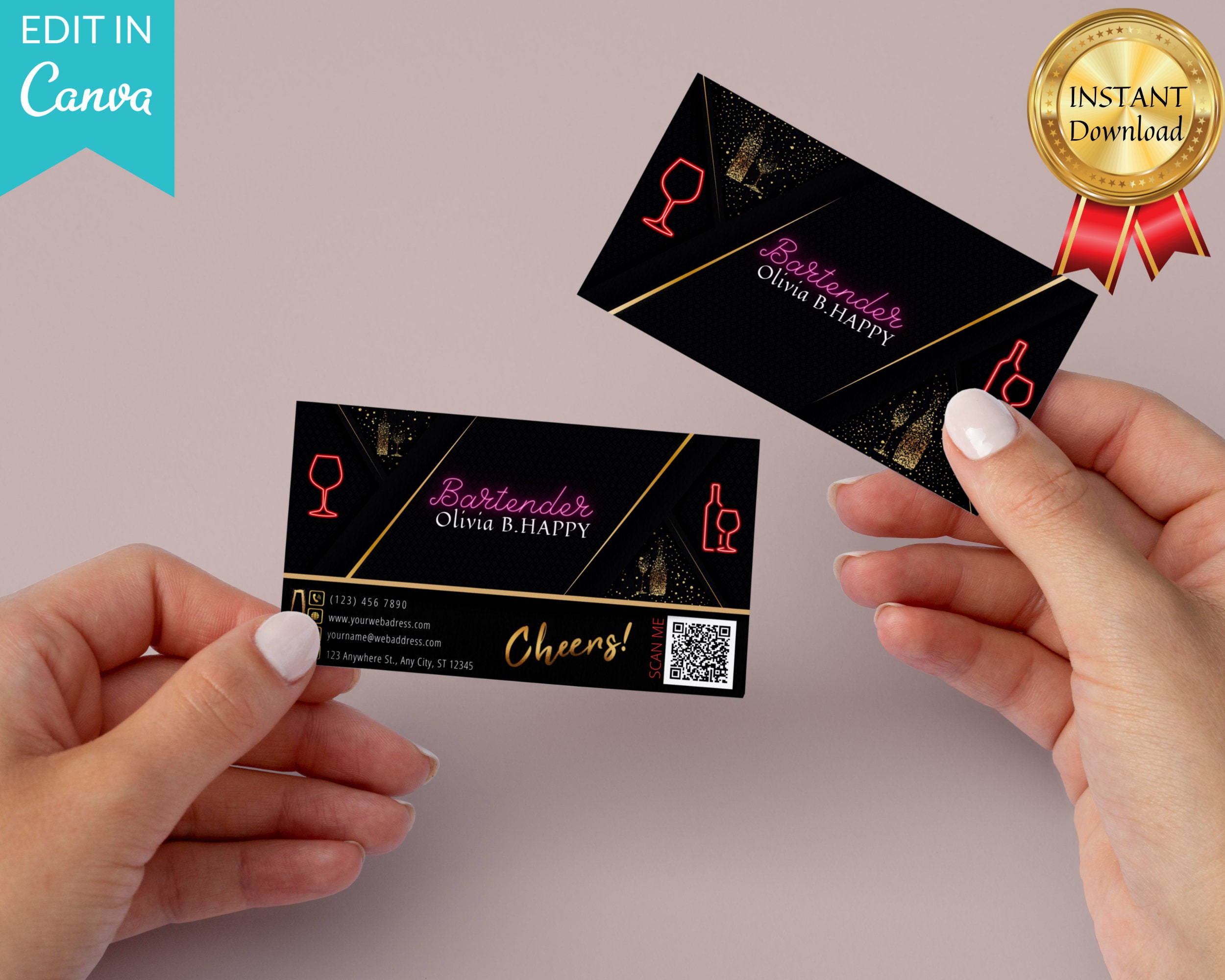 Editable Bartender Business Card With QR Code, Special Design Black and