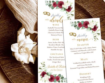 Modello di menù per matrimonio con decorazioni floreali bordeaux, stampabile, moderno, con lista delle bevande.