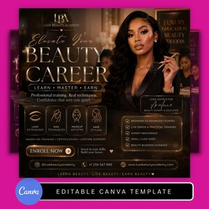 Puede incluir: Gráfico promocional de Luxe Beauty Academy, con una mujer en blazer negro. El texto dice "Elevate Your Beauty Career" y enumera cursos de extensiones de pestañas, técnicas de uñas, maquillaje y peluquería. Incluye botón "Inscríbete ahora" e información de contacto.