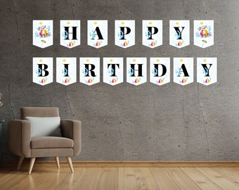 Splish Splash verjaardagsbanner Gelukkige verjaardagsbanner Zwembadfeest Verjaardagsbanner Verjaardagsdecoratie Strandbal Download afdrukbaar