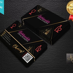 Cartão de visita preto e dourado com design especial para bartenders e garçonetes, Cartão de visita de barman editável com código QR, Cartão de barman
