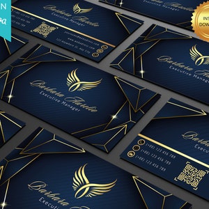 Modelo de cartão de visita, cartão de visita de luxo azul e dourado editável, cartões de visita Canva, cartões de visita minimalistas, cartão de visita elegante