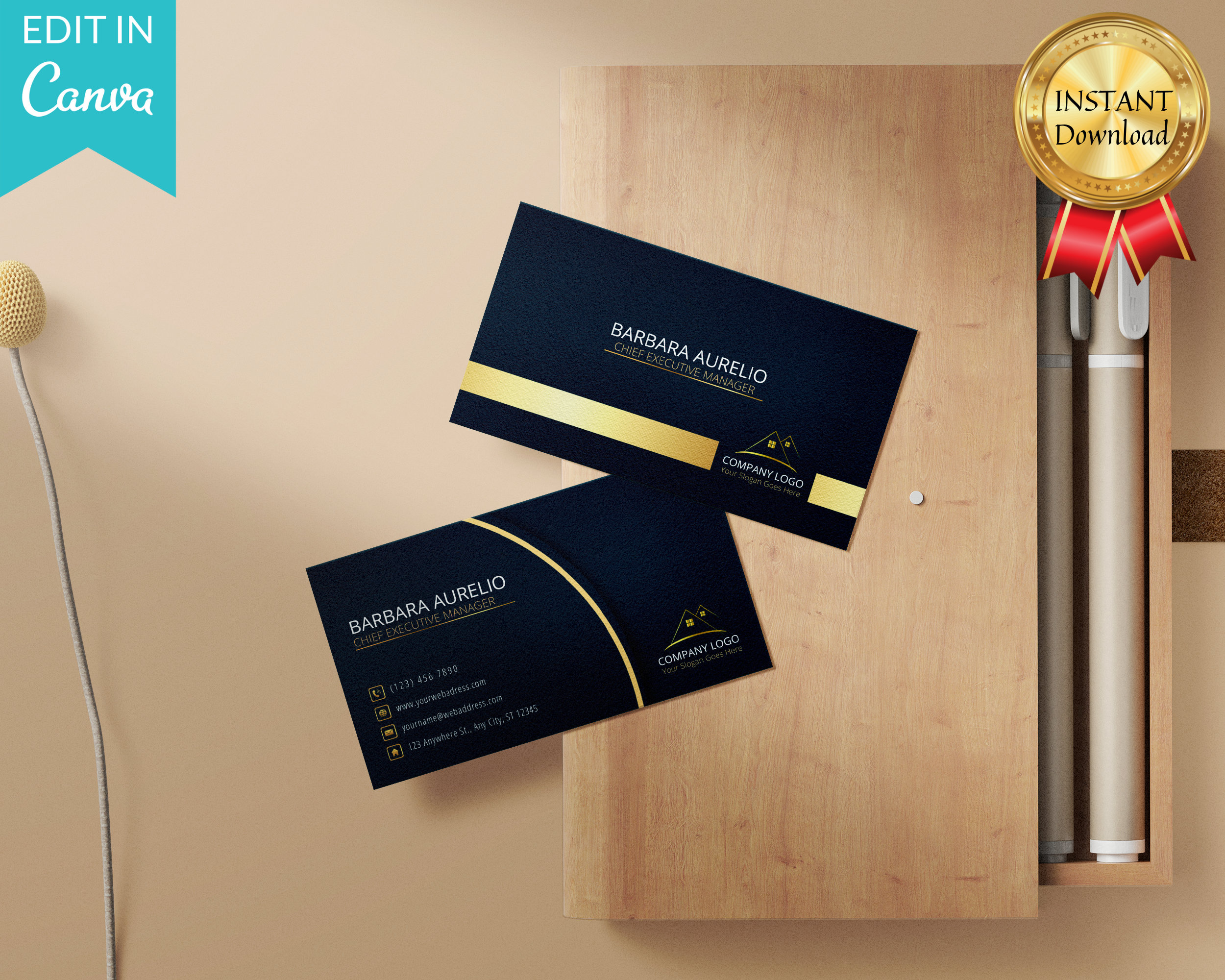 Editable Royal Blue and Gold Business Card Template (canva) - Etsy