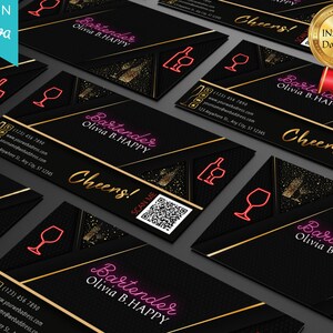 May include: Black business card with gold accents and a pink neon design that says "Bartender Olivia B. HAPPY". The card also includes a phone number, email address, website address, and the text "Cheers!" and "Scan Me".