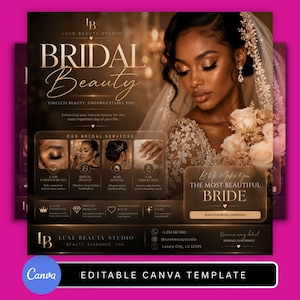 Może przedstawiać: Grafika promocyjna dla Luxe Beauty Studio, przedstawiająca pannę młodą z bukietem. Projekt zawiera tekst "BRIDAL Beauty" oraz usługi takie jak przedłużanie rzęs i makijaż ślubny. Na dole widnieje napis "EDITABLE CANVA TEMPLATE."