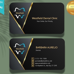 Luksusowa czarno-złota wizytówka dentysty - Elegancka wizytówka gabinetu stomatologicznego - Edytowalny i drukowany szablon dla profesjonalnych klinik stomatologicznych