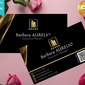 Plantilla de tarjeta de presentación de lujo en negro y dorado, tarjetas de presentación de Canva, tarjeta de presentación elegante, tarjeta de presentación editable, tarjetas de presentación con código QR