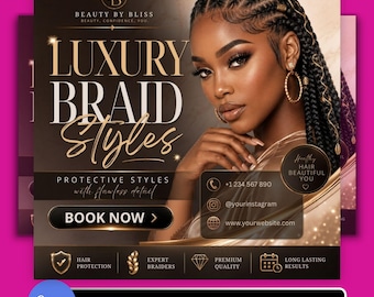 Luxury Braid Styles Flyer Template for Hair Salon, Editable Digital Canva Design