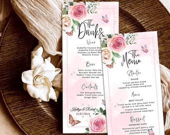 Floral Wedding Menu Card Template, Editable Pink Roses Design, Digital Download
