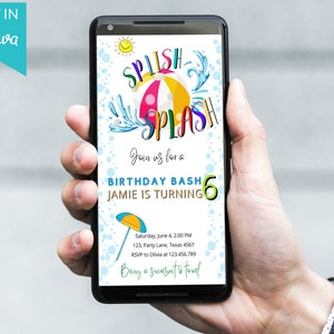 Editable Splish Splash Birthday Evite Electronic Pool Party Boy Beach Ball Blue Green Birthday Bash Download Printable Invite Template