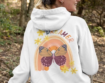 Dreamer Butterfly Retro Hoodie / Smile Happy Oversized Sweatshirt / Positive VIbes Happy Words on Back Sweatshirt / Rainbow Lover Gift