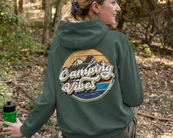 Retro Sunset Camping Hoodie / Camping Vibes Oversized Sweatshirt / Positive VIbes Happy Words on Back Sweatshirt / Camping Lover Gift