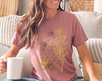 Bee Botanical Shirt, Bee T-Shirt, Naturecore Shirt, Gift For Her, Save the Bees Shirt, Honey Bee Shirt, Honeycomb Tee, Wildflower Shirt