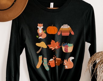 Cute Fall Doodle Shirt, Autumn Apparel, Botanical Shirt, Fall Lover, Vintage Fall, Cottagecore Shirt, Thanksgiving Shirt, Pumpkin T-Shirt