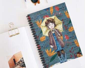 Spiral notebooks | Soft cover journal | Self Care Journal | Memory Journal | Cute Fall Girl With Umbrella