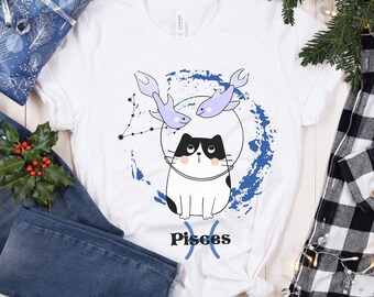Pisces Cute Cat Shirt, Pisces Gift, Astrology Shirt, Zodiac Shirt, Pisces Birthday, Pisces Girl T-Shirt, Zodiac Sign Tee, Cat Lover Shirt