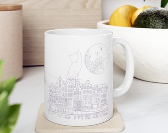 City Cat Coffee Mug, Moon Coffee Cup, Flowers Mug, Cat Lover Coffee Mug, Colorful Cat Mug, Unique Cat Art