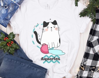 Aquarius Cute Cat Shirt, Aquarius Gift, Astrology Shirt, Zodiac Shirt, Aquarius Birthday,  Girl T-Shirt, Zodiac Sign Tee, Cat Lover Shirt