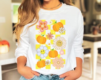 Retro Daisy Fall Doodle Sweatshirt, Retro Pumpkin Fall Shirt, Retro Fall Crewneck, Retro Daisy Flower Fall Hoodie, Checker Board Shirt