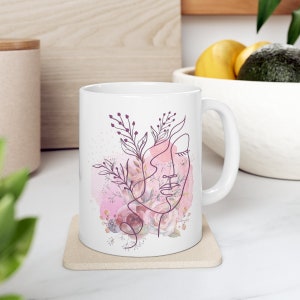 Watercolor Floral Beautiful Woman Line Abstract Art Mug, Minimalist Gift for Her