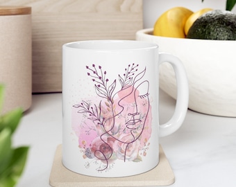 Watercolor Floral Beautiful Woman Line Abstract Art Mug, Minimalist Gift for Her