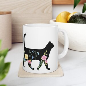 Abstract Black Cat Coffee Mug, Cat Coffee Cup, Wildflowers Mug, Cat Lover Coffee Mug, Floral Cat Mug, Abstract Cat Art