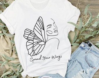 Line Art Butterfly T-Shirt, Boho Tee, Woman with Wings Modern Minimalist Shirt, Drawing Graphic Tshirt, Bitterfly Art Tee Shirt