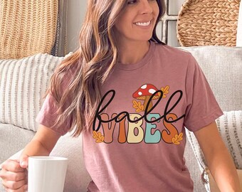 Fall Vibes Shirt, Plaid Autumn Tshirt, Thanksgiving Shirt, Womens Fall Graphic Shirt, Cute Fall Tee, Mushroom Tee