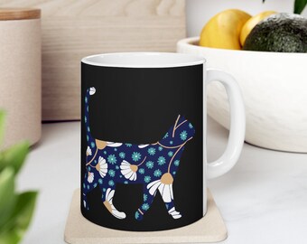 Abstract Floral Black Cat Coffee Mug, Flower Cat Coffee Cup, Cat Mug, Cat Lover Coffee Mug, Colorful Cat Mug, Abstract Cat Art