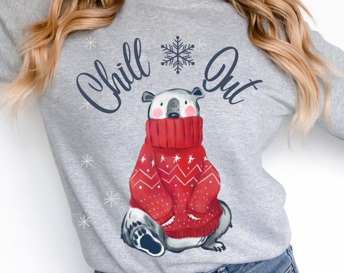 Featured listing image: Chill Out Polar Bear Sweatshirt, Cozy Winter Sweatshirt, Christmas Sweatshirts For Women, Cute Bear Shirt ,Christmas Gifts For Her