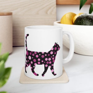 Abstract Black Cat Coffee Mug, Cat Coffee Cup, Polka Dots Cat Mug, Cat Lover Coffee Mug, Colorful Cat Mug, Abstract Cat Art