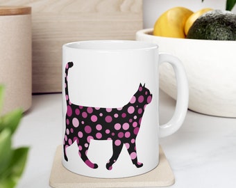 Abstract Black Cat Coffee Mug, Cat Coffee Cup, Polka Dots Cat Mug, Cat Lover Coffee Mug, Colorful Cat Mug, Abstract Cat Art