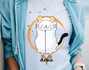 Aries Cute Cat Shirt, Aries Gift, Astrology Shirt, Zodiac Shirt, Aries Birthday, Aries Girl T-Shirt, Zodiac Sign Tee, Cat Lover Shirt