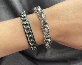 1cm de large argent noir bracelet de chaîne en acier inoxydable bracelet, argent, chunky - bracelet de chaîne de trottoir pour unisexe, cadeau d’anniversaire, bijoux