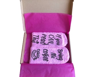 Fluffy Socks, Gift Box, Message If you can see this bring me coffee