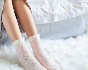 Chaussettes duveteuses, rose, chaussettes chaudes, chaussettes de lit pour femme, coffret cadeau kraft