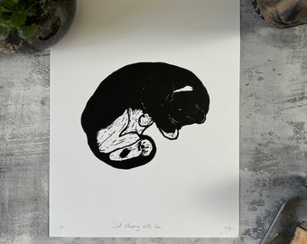 Hand Carved Sleeping Cat Linocut Print: Black Tuxedo Cat Art