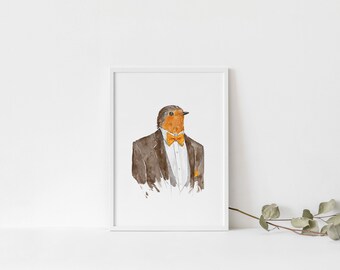 Dandy Robin Art Print: Tweed Suit, Fashionable Bird Illustration