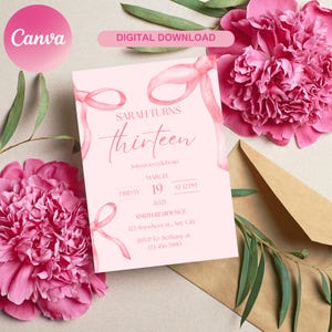 13e carte d'anniversaire élégante | Invitation à une soirée ruban rose pour elle | Modèle modifiable de célébration d'adolescent élégant | Design souvenir parfait | Toile