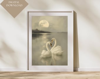 Swan Art Print | Vintage Printable Wall Art | Pastel Farmhouse Nursery Decor | Antique Swan Painting | Romantic Bird Wall Art | Digital Art