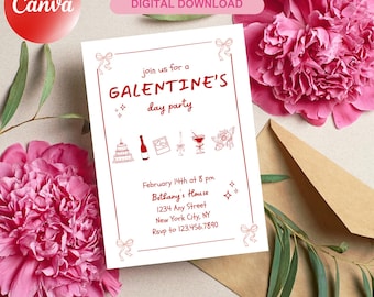 Galentine's Day Party Invitation Template, Girly Galentine's Invite, Galentine Invite with Coquette,  Girls Night, Whimsical Invite, Doodle
