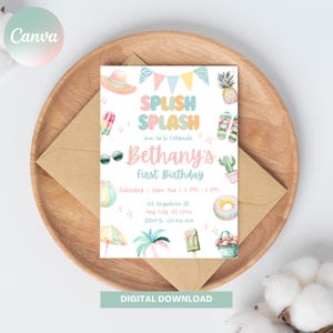 Editable Splish Splash Birthday Invitation, Pool Party Invite, Girl Summer Party, Splash Pad, Water Slide, Paddling Pool Invite, Pool Party