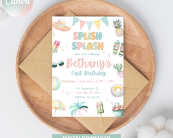 Editable Splish Splash Birthday Invitation, Pool Party Invite, Girl Summer Party, Splash Pad, Water Slide, Paddling Pool Invite, Pool Party