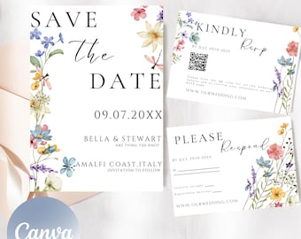 Wildflower Wedding Invitation Template Suite | Watercolor Floral Wedding Invite Set | Boho Wildflower Wedding Suite with Details Card | WT3