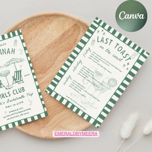 Last Toast On The Coast Bachelorette Itinerary, Beach Bachelorette Party Invitation, Bachelorette Invitation,Girls Trip, Coastal,Green Bride