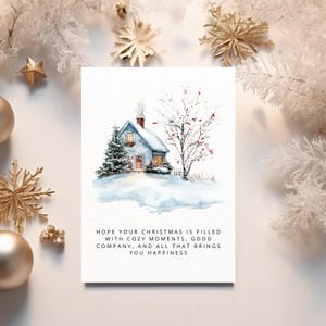 Gezellige winterkerstkaartsjabloon | Besneeuwde scène huis, boom en veenbes | Warme vakantiewensen voor geluk | Direct downloaden | 5 x 7 inch |