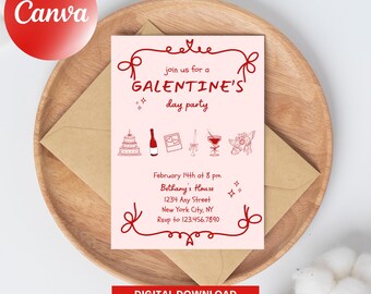 Galentine's Day Party Invitation Template, Girly Galentine's Invite, Galentine Invite with Coquette,  Girls Night, Whimsical Invite, Doodle