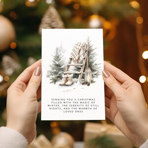 Kerstmagie bewerkbaar | Winterse rust | Warmte van dierbaren | Ladder, laarzen, dennenappels| Digitale download|Wenskaart 5 x 7"