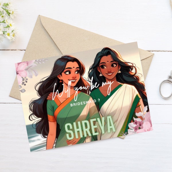 Tamil bridesmaid proposal cards, Bridesmaid Proposal card, Digital download, Editable, Hindu wedding, Green saree, 7 x 5 inch, South Indian